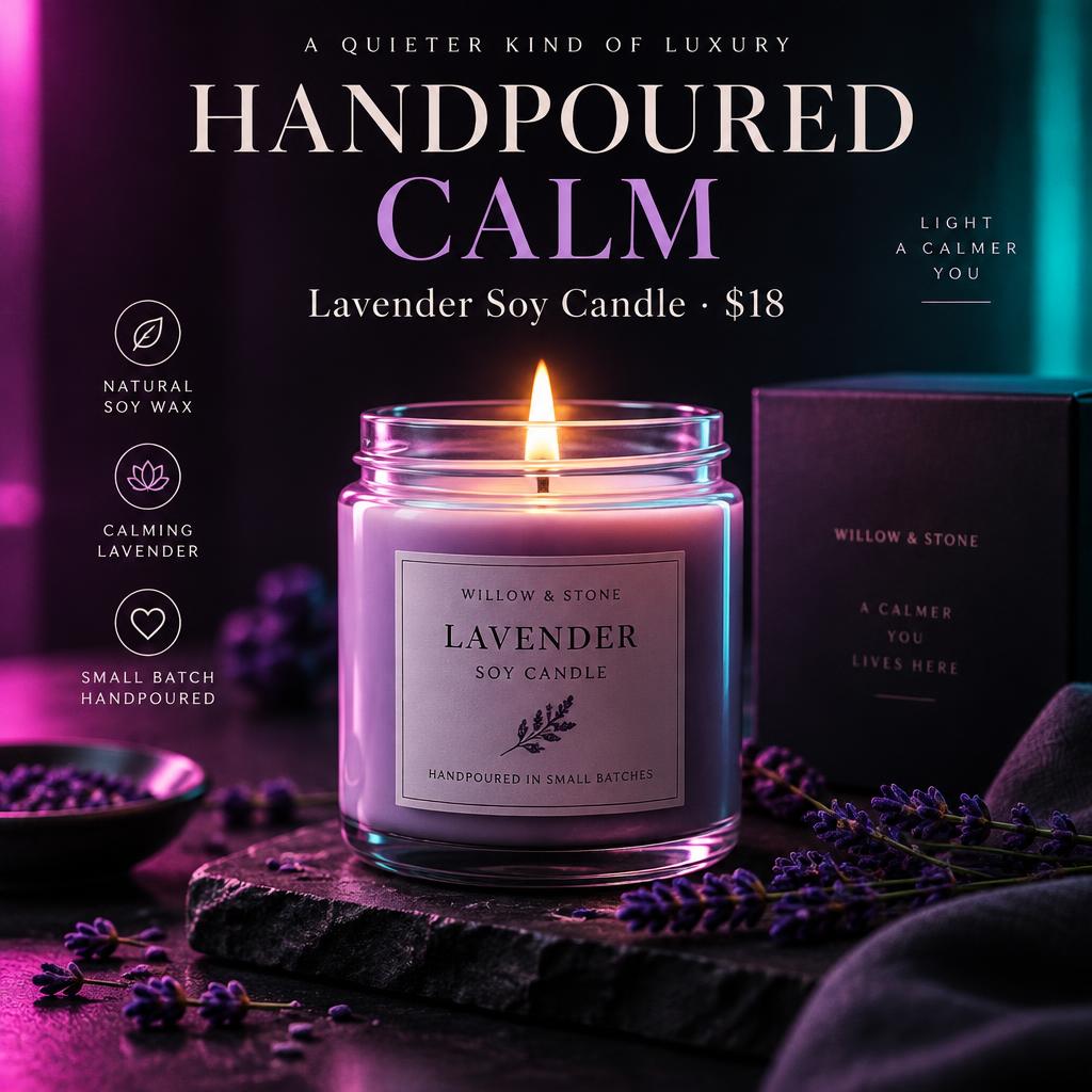 Finished Flair visual of the same candle with studio lighting and headline